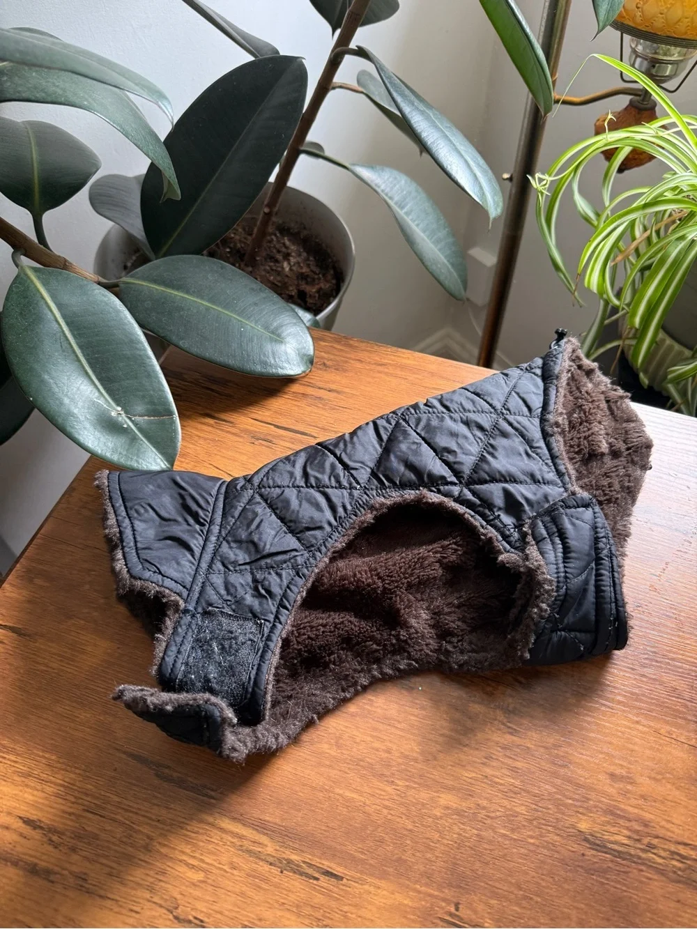 Quilted Faux-Fur Lined Pet Coat - Black and Brown size M